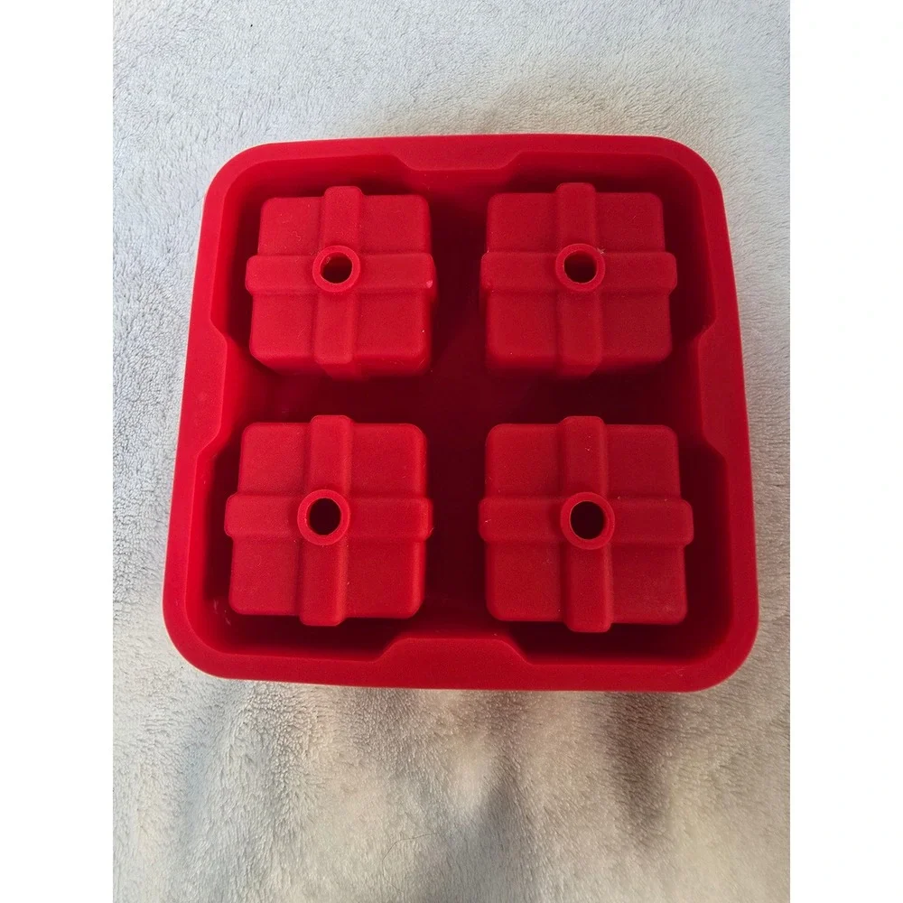 Red Silicone Gift Box Ice Cube Tray Chocolate Mold 4 Cavity Christmas Present